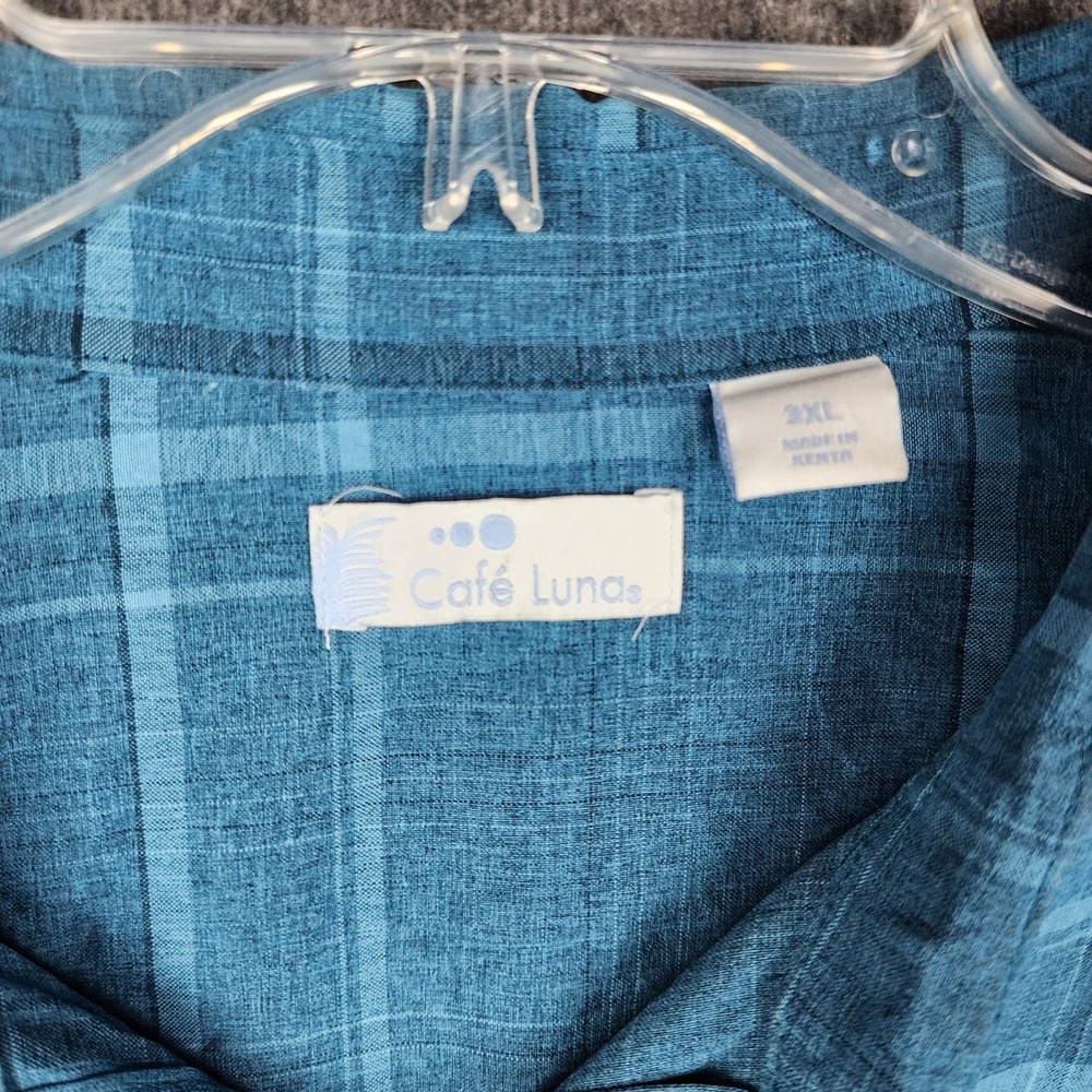 Cafe Luna Button Down Shirt Mens 3XL Blue Plaid Short Sleeve Textured‎ Camp Top - Picture 3 of 6